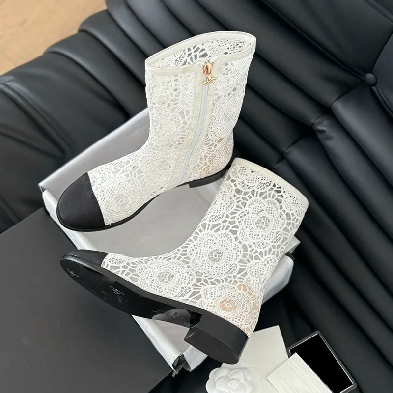 Women s Lace Mesh Ankle Boots White Cotton Embroidery Grosgrain Chunky Low Heels Casual Party Wedding Shoes