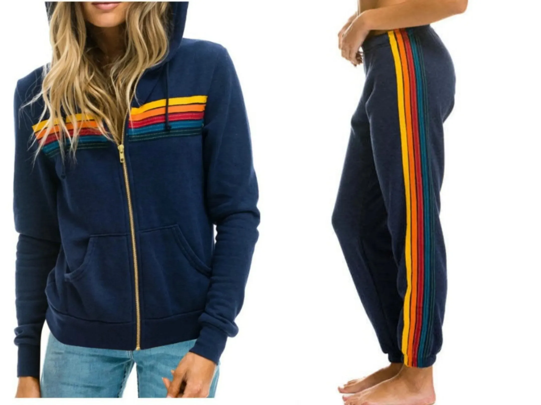 Felpe con cappuccio e felpe da donna firmate Felpa con cappuccio oversize con cerniera Giacca arcobaleno Haruku Donsignet Moda casual a righe_voghion.com