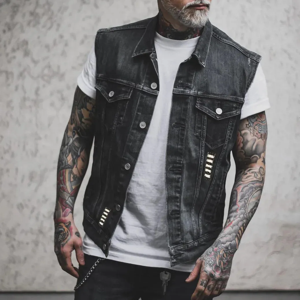 Distressed Strawhat Skull Print Men s Sleeveless Denim Biker Vest Black