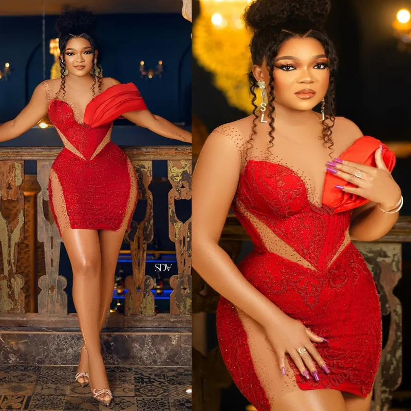 Red Sheer Neck Beaded Lace Cocktail Dress Appliqued Plus Size Sheath Dress