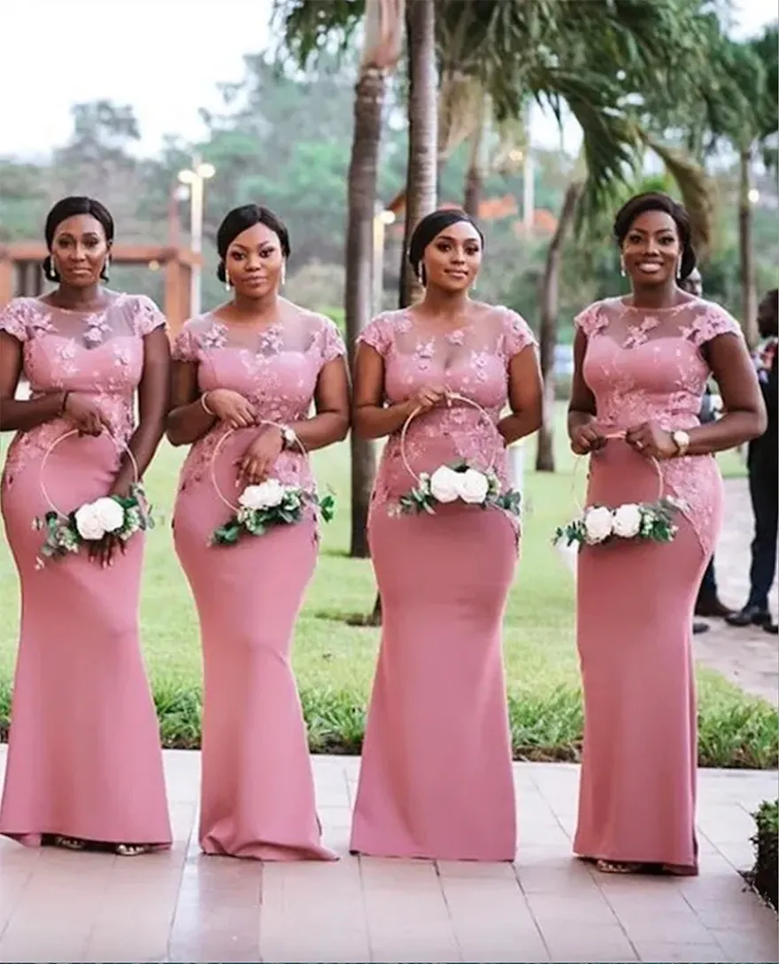 Arabische Aso Ebi Bruidsmeisjesjurken Roze Bloemenkant Zeemeerminjurken Met  Kapmouwtjes, Elegante Bruidsmeisjejurk Tot Op De Grond Voor Dames Van 43,79  € | DHgate, image size:880x1089