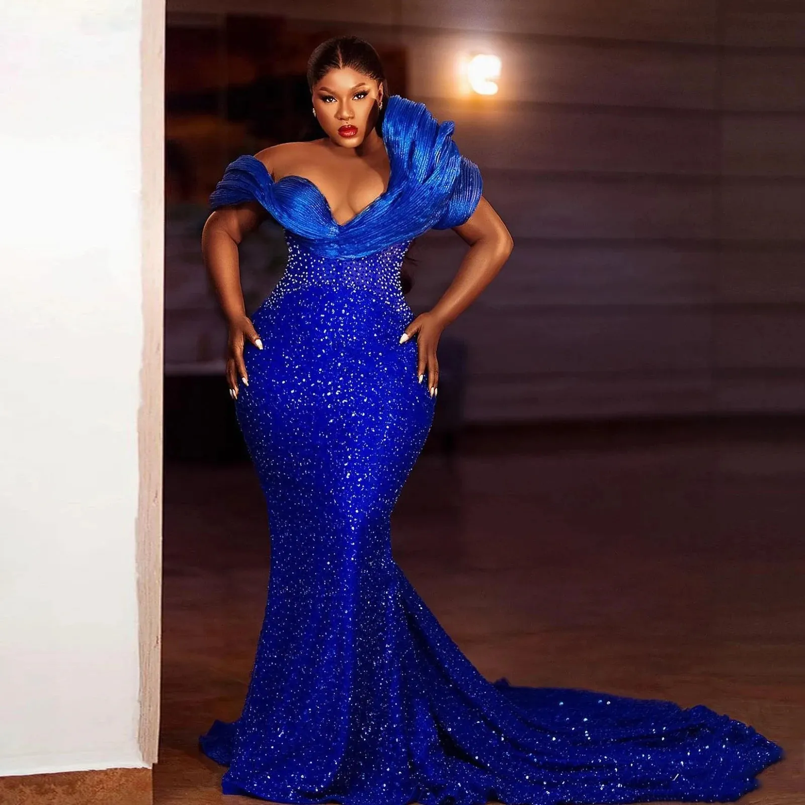 Royal Blue African Mermaid Blue Sparkly Prom Dress For Women Beaded Sequins Off Shoulder Aso Ebi Evening Gown With Ruffle Detail And Artistic Neckline Perfect For Formal Parties In 2024 From Sexybride