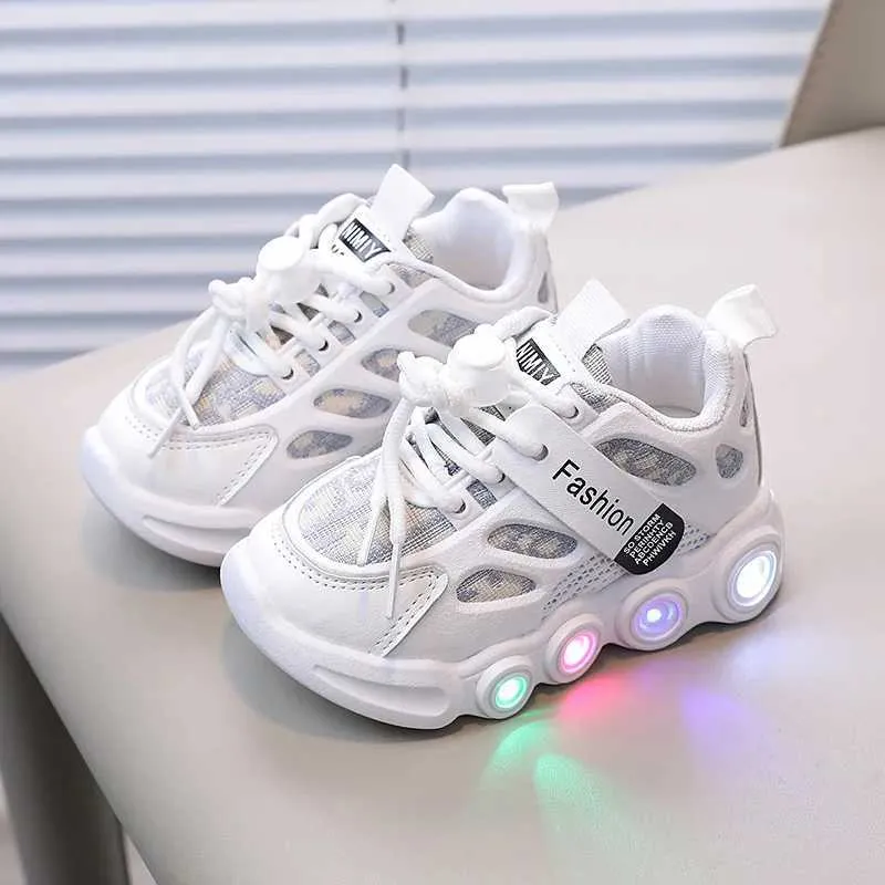 Kids Breathable Sneakers with LED Lights Spring 2024 Ribbon Lace Up Sports Shoes 1 6Y