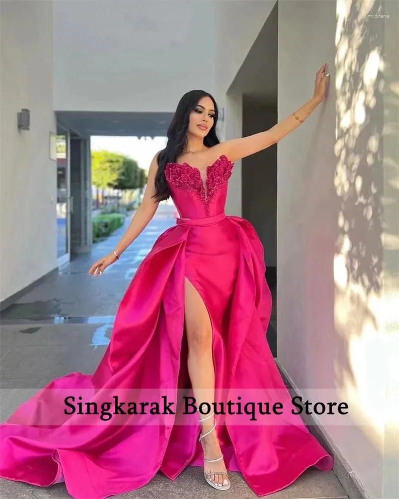 Party Dresses Design Fuchsia Evening With Detachable Train 2024 Side Split Beaded Crystal Wedding Gowns Vestidos