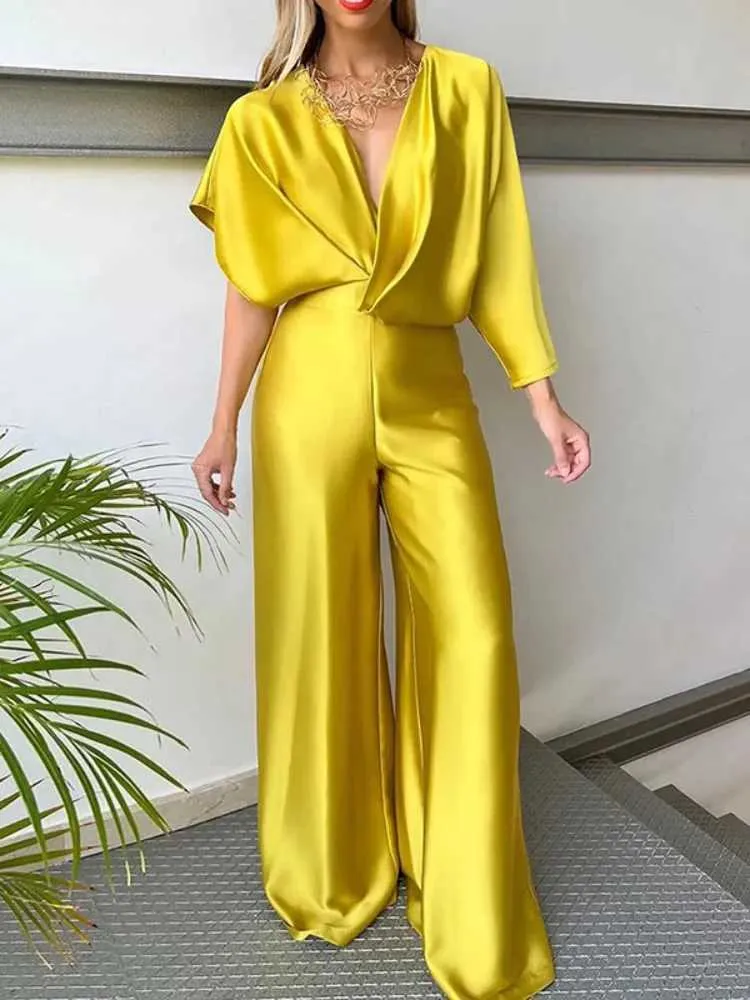 Women s Solid Color V Neck Jumpsuit Elegant One Piece for Spring and Summer