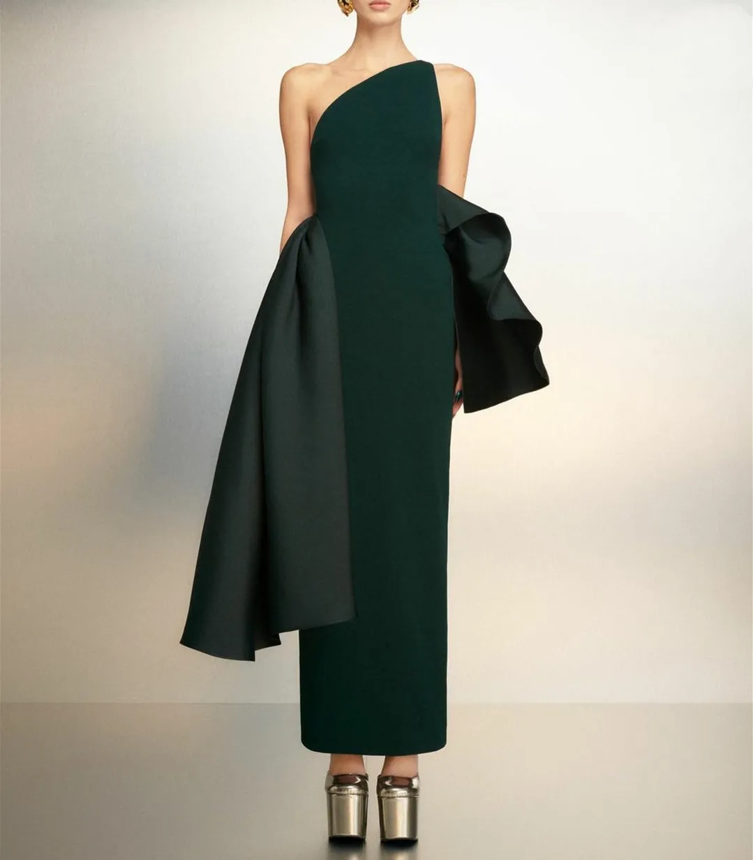 Green One Shoulder Evening Dress with Ruffles, Sheath Crepe, and Zipper Back - Elegant One Sleeve Formal Dress for Women