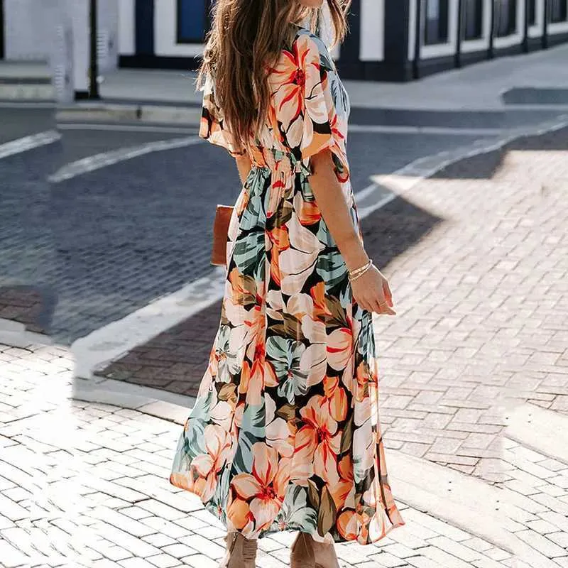 Basic Casual Dress Floral Print Ankle-Length Polyester Pullover V-Neck  Short Sleeve from Dhgate Basic & Casual Dresses - price 14.01