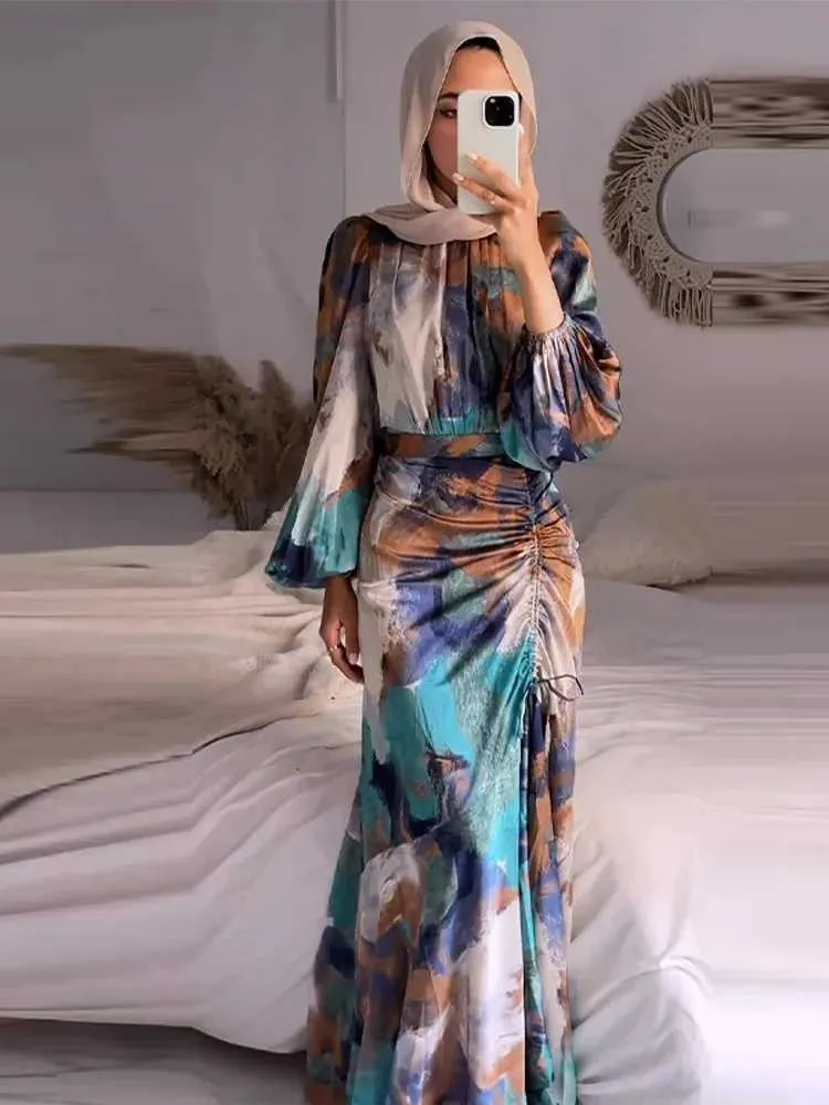 Elegant Printed Pleated Long Skirt Maxi Dress With Sleeves With Half High Neck And Puff Detail Perfect For Casual Occasions And Parties From Us juneau 6.77 DHgate.Com