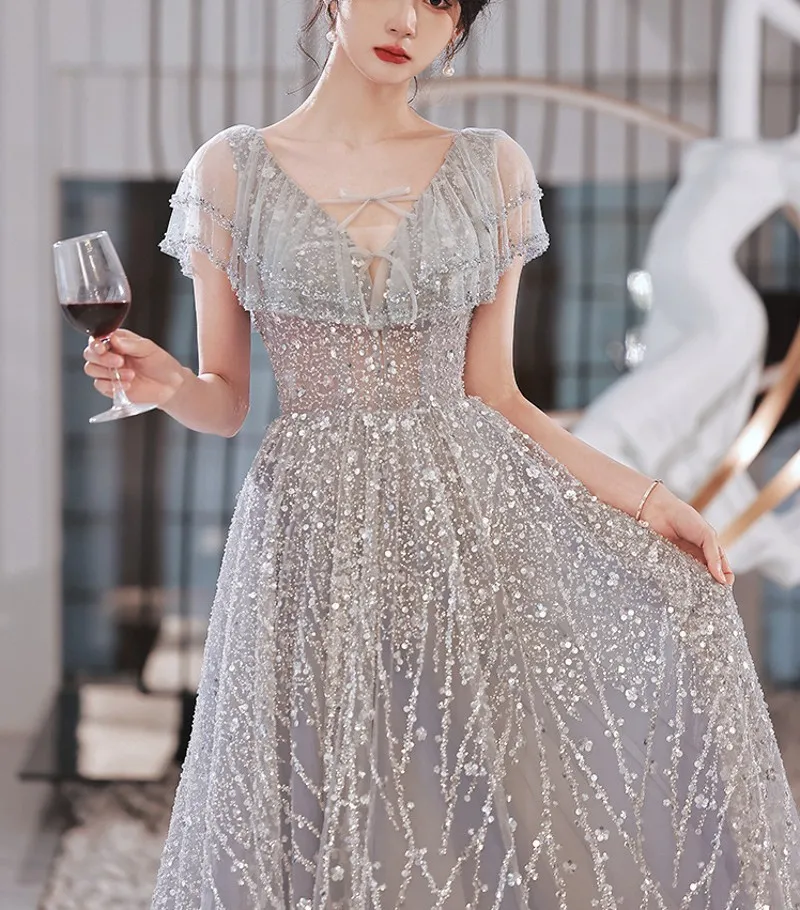 Gray Sequin V-Neck silver Sequin formal dress with Cap Sleeves - Customizable A-e Evening Birthday Party Gown for Gifting in 2024