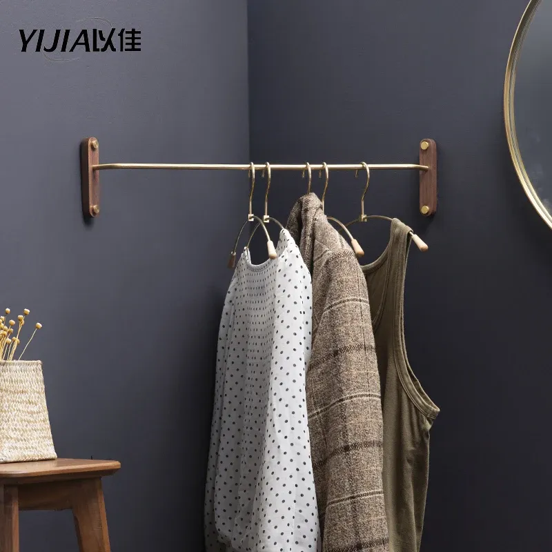 Wood and Brass Wall Mounted Clothes Hanger Rack with 44CM Brass