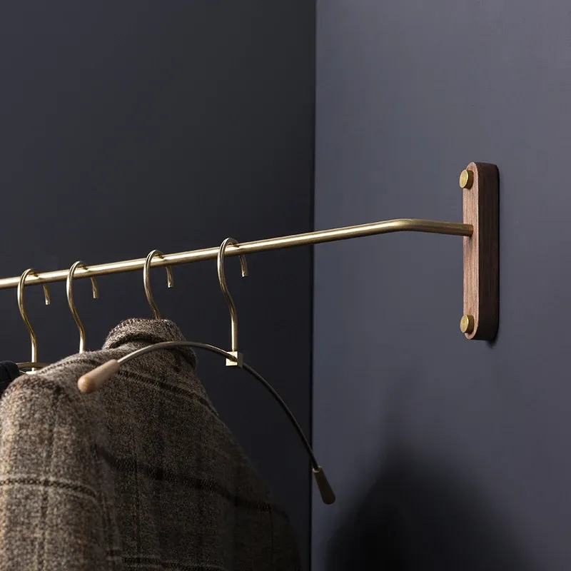 Wood and Brass Wall Mounted Clothes Hanger Rack with 44CM Brass