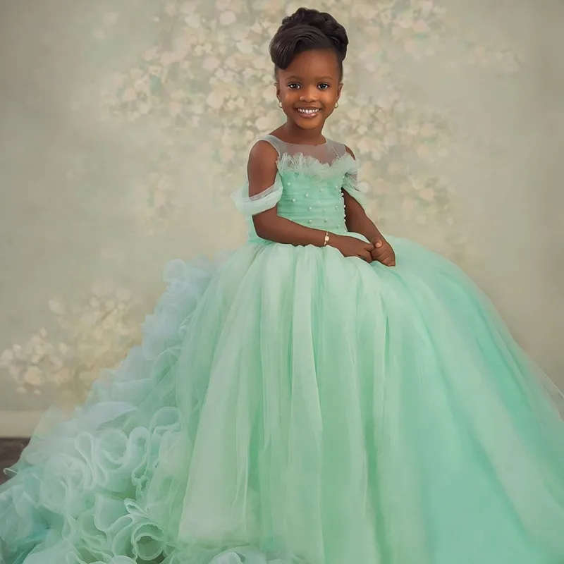 Light Green Flower Girl Dress Girls Birthday Illusion Sheer Neck Pearls  Pleated Tiered Tulle Princess Ball Gown from Dhgate Flower Girls' Dresses -  price 121.15