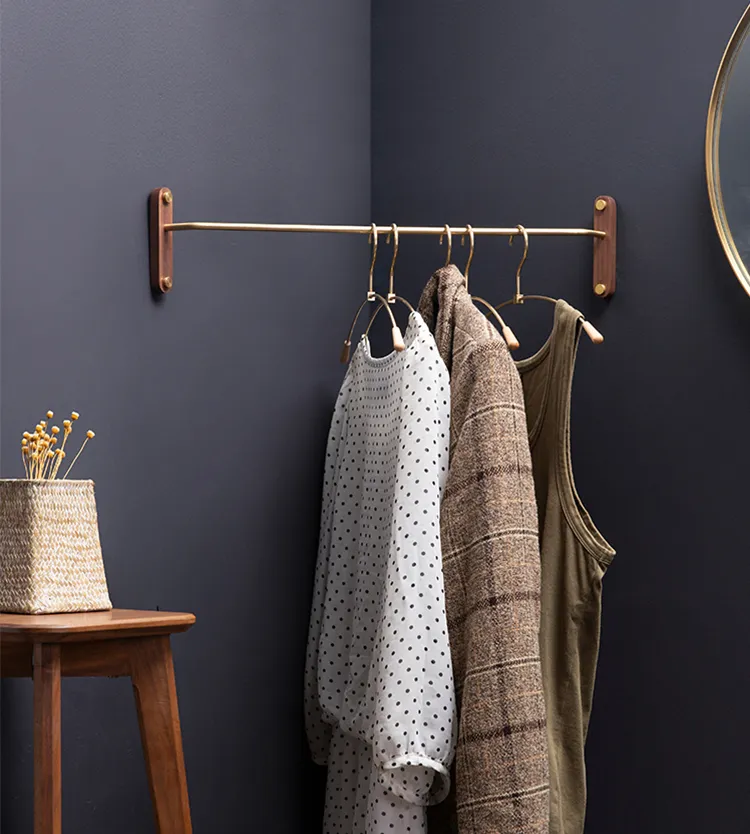 Wood and Brass Wall Mounted Clothes Hanger Rack with 44CM Brass