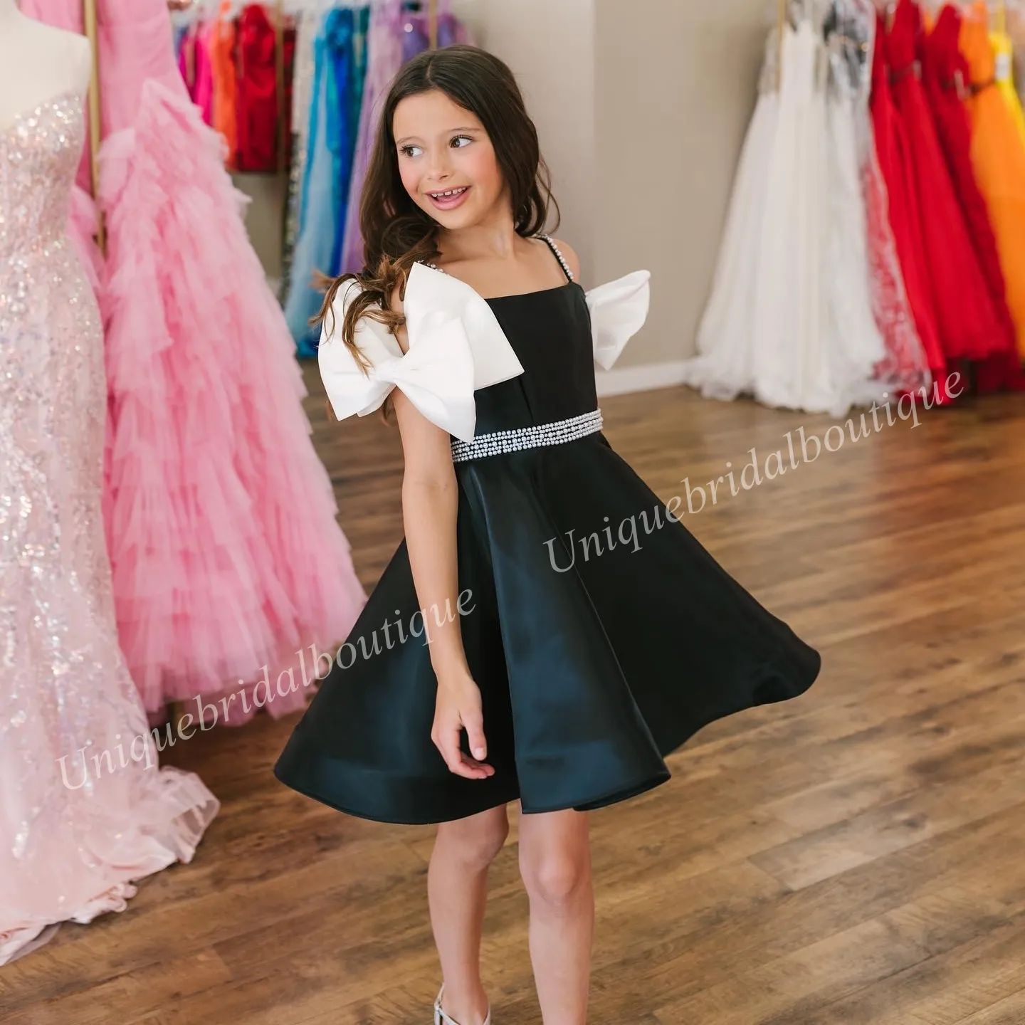 Black And White Satin Pageant Dress With Pearl Bow For Little Girls Perfect For Birthday Cocktail Formal Parties And Special Occasions Party Supply Available In Infant Toddler Teens Preteen Tiny Young...