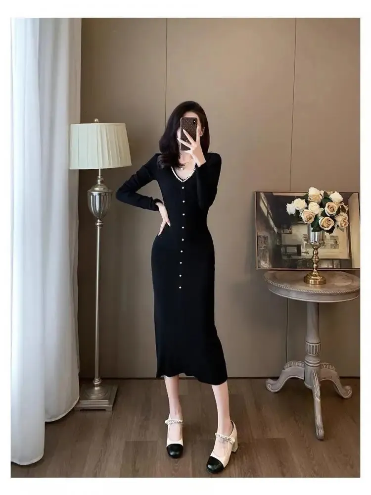 knee length dresses for ladies Threadbare Women's Black Ribbed Wrap Tie Ladies' Knitted V Neck Dress main image 0