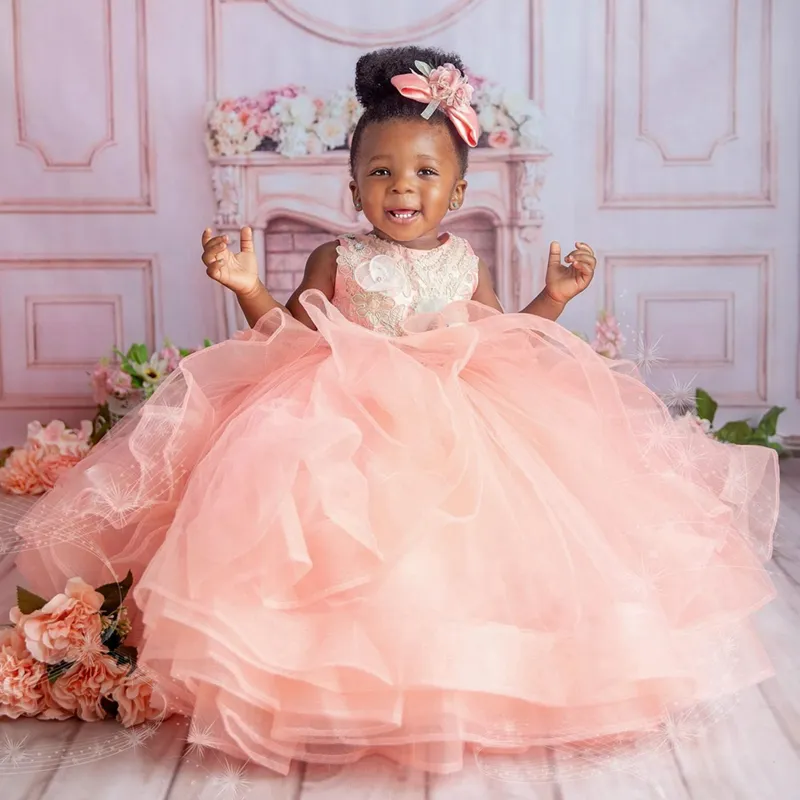 Nude Pink Flower Girl Dress With Illusion Sheer Neckline Appliqued Beads Lace Rhinestones Tiered Tulle And Princess Ball Gown For Childrens Birthday And Marriage F108 2024 From Yestothedress 79.53 DHg...