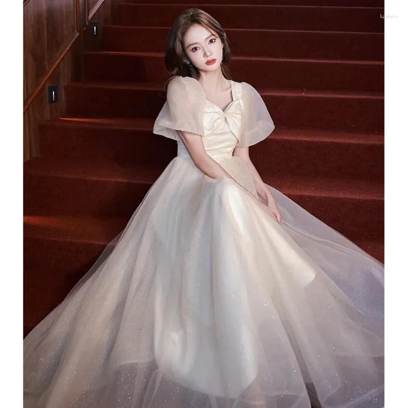 Party Dresses Champagne Womens Evening Dress Square Collar A Line Ankle  Length Chiffon Layered Short Sleeve Prom Gowns From Julia_dress, $56.77 |  DHgate.Com