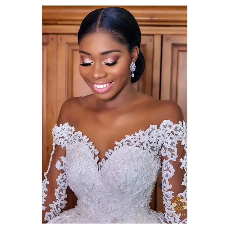 African Fashion Long Sleeve A Line Wedding Gowns With Illusion Top, Pearls,  And Beaded Lace 50 CM Bridal Gown For Black Women 0618 From Factory Sale,  $363.46 | DHgate.Com