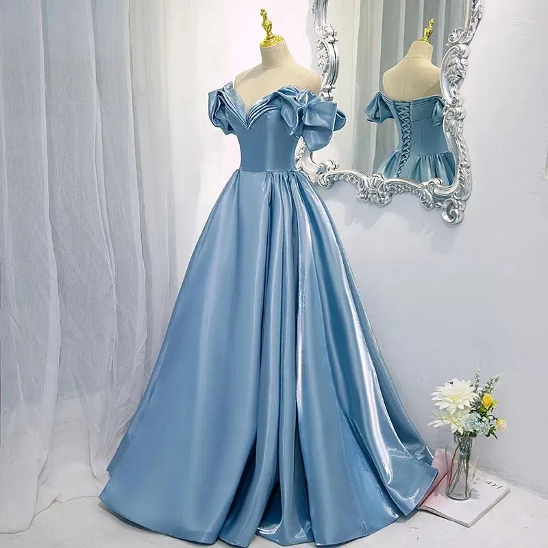 Evening Dress Gray Blue Shiny Satin Off The Shoulder A-Line Floor-Length  Plus Size Formal Gown from Dhgate Urban Sexy Dresses - price 63.01