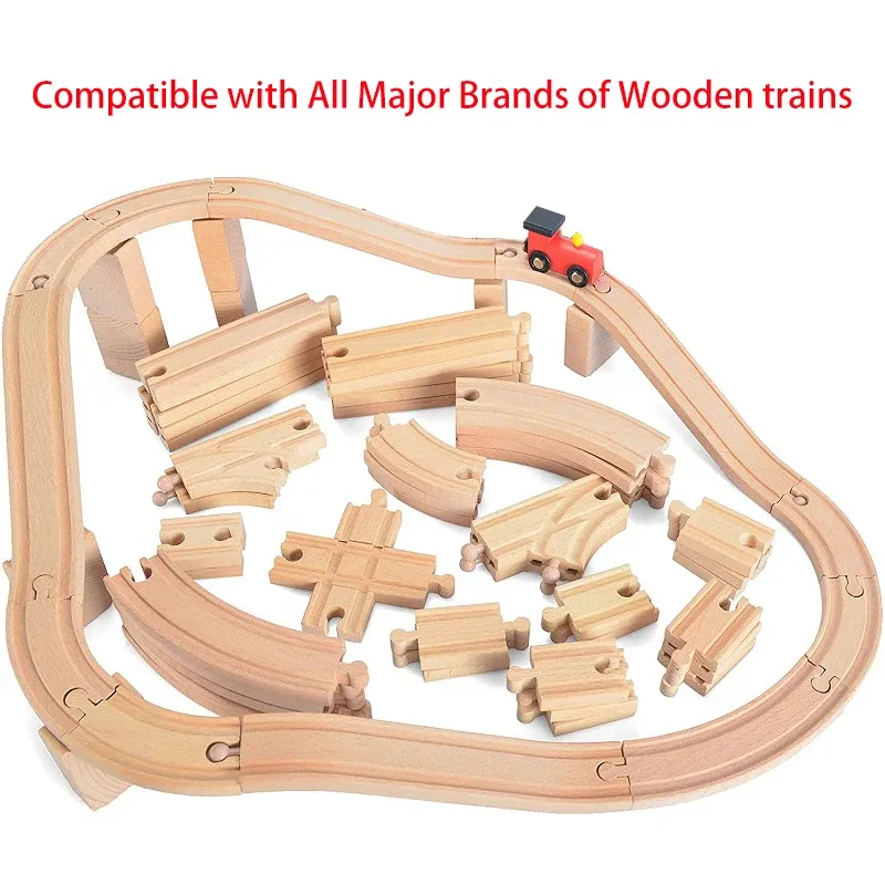 DHgate Classic Wooden Train Set Multicolor Bulk Track Railway Toys with Overpass Bridge Automobiles Motorcycles