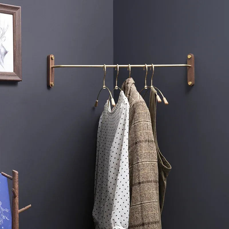Wood and Brass Wall Mounted Clothes Hanger Rack with 44CM Brass