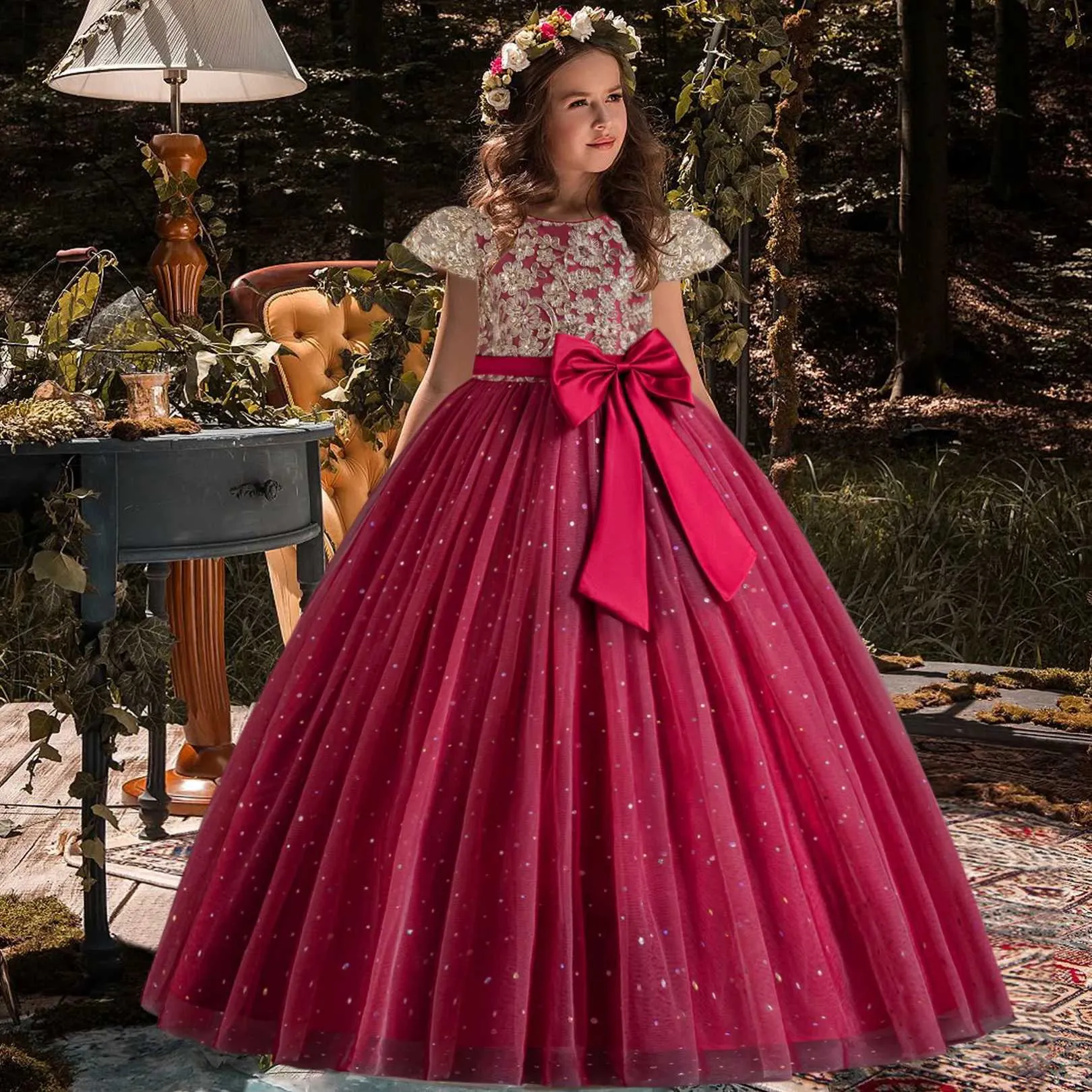 Girl s Dresses Gold Vintage Elegant Girls Party Dresses Wedding Birthday Long Gown Embroidery Kids Graducation Gala Princess Dress for Girls T240524
