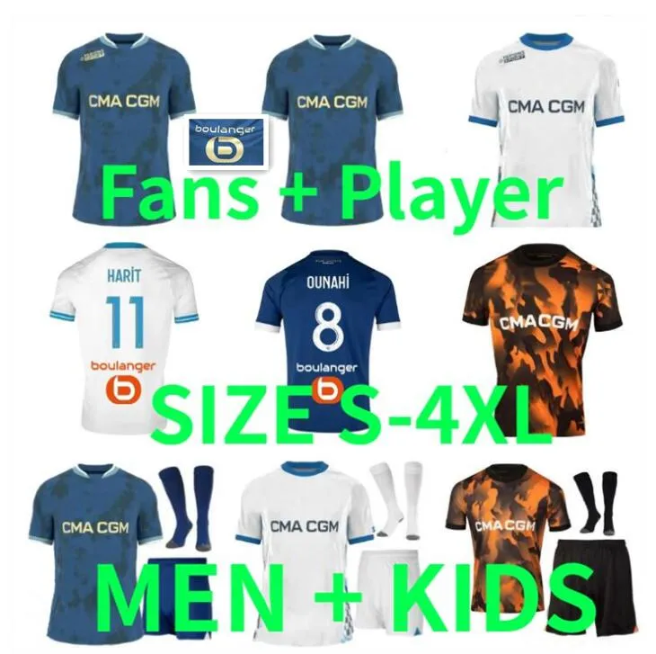 23 24 25 Marsella OUNAHI Jerseys de fútbol Vitinha 2024 2025 Moumbagna Mbemba Clauss Guendouzi Maillot de Foot Football Shirth Men Kids Kit Nuno Harit Player Versión