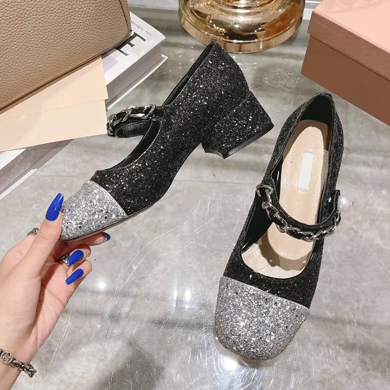Sequin Designer Heels Shoes Pearl Women Dress Shoes Mary Jane Pump Ballet Flats 4.5 7cm Block Heel Campus Loafers Top Mirror Quality Sheepskin Round