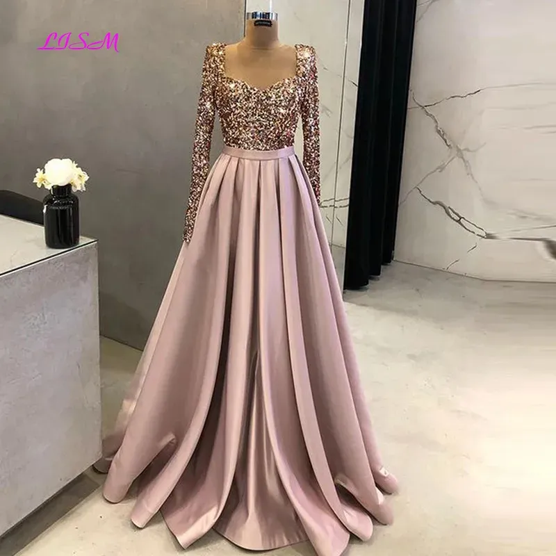 Sequin A Line Evening Dress for Women Elegant Long Sleeve Satin Wedding Party Prom Formal Gown