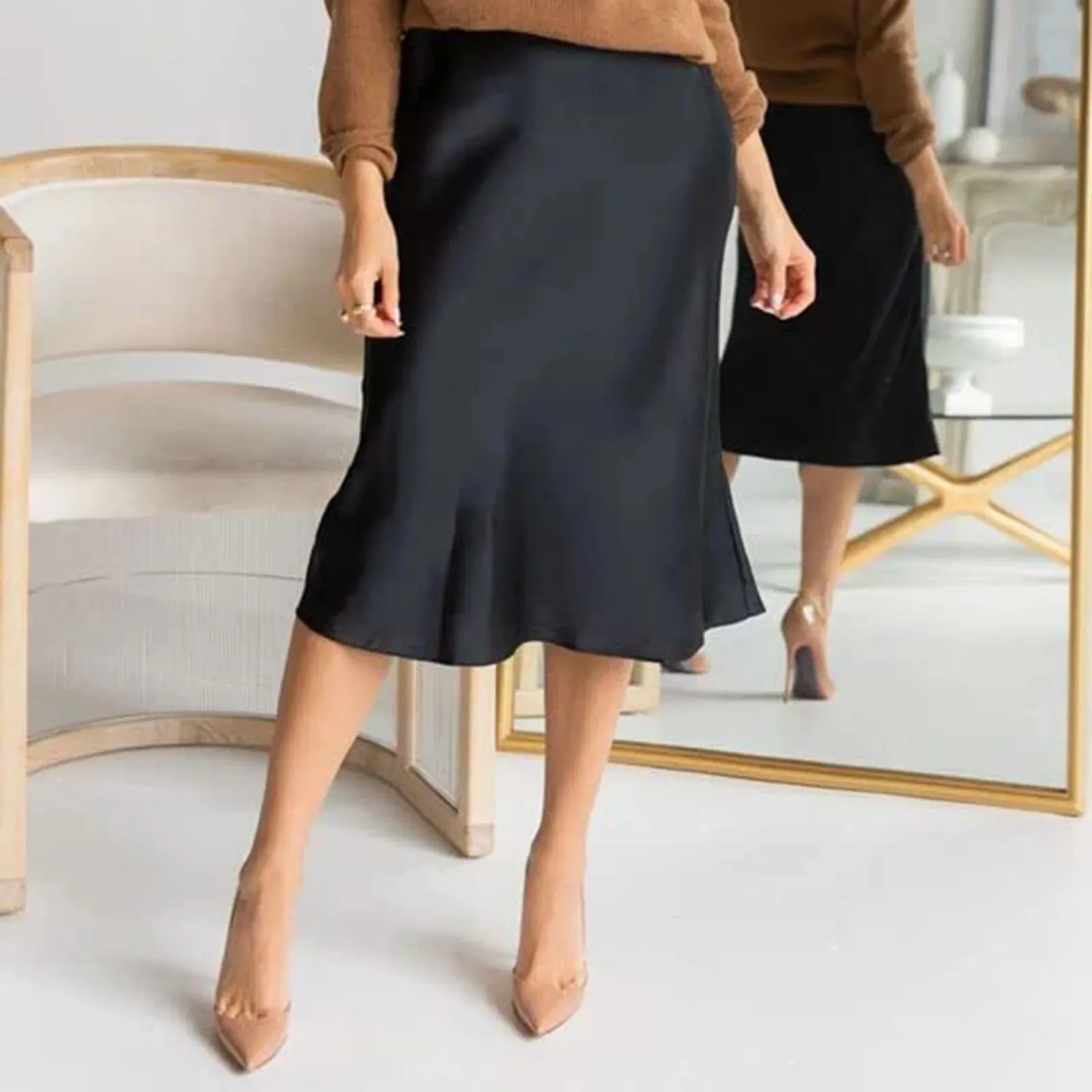 Satin skirt outfit zipper hot sale