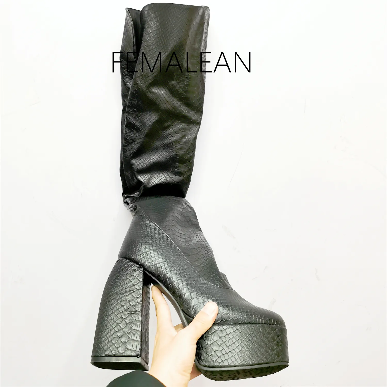 FEMALEAN Chunky Black Knee High high heels with Platform and
