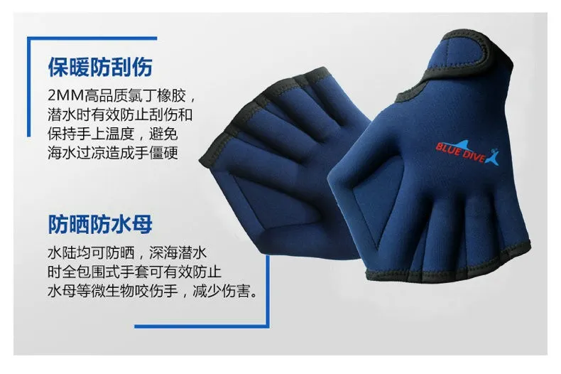 Gants De Natation Palmés Unisexe - Nylon - Motif Bleu - Pour Aquagym Et Fitness Aquatique