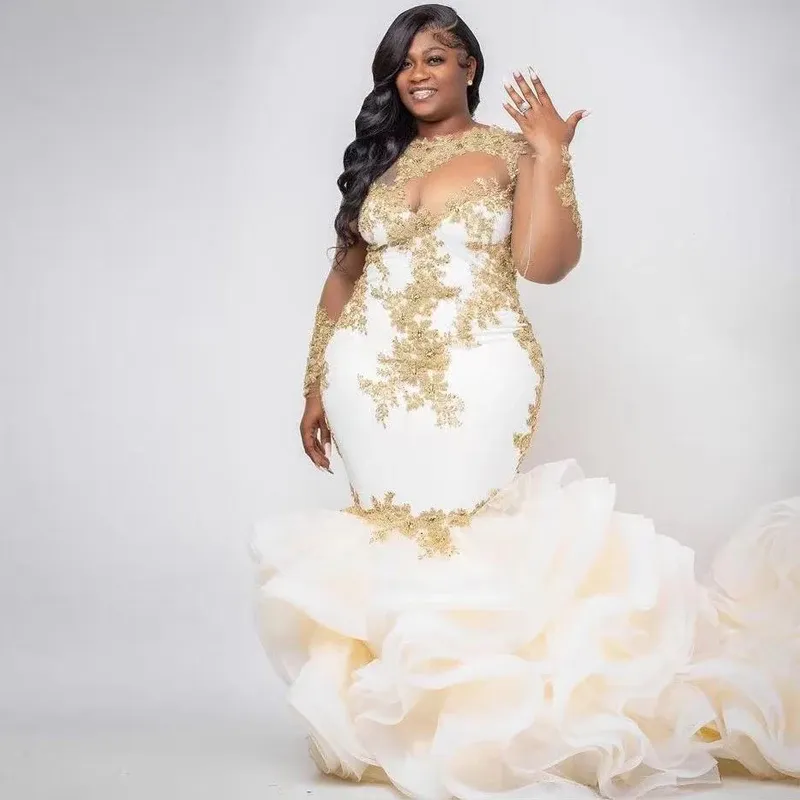 Gold Lace Applique African Plus Size Ruffle Plus Size Wedding Gowns With Full Sleeves And Tulle Train 2024 Collection From Ddmylovely 358.35 DHgate.Com