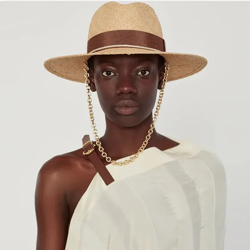 Chain Strap Straw Fedora Hat for Women with 3.9 in Brim  display picture 1