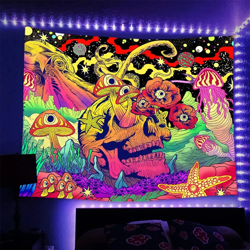 Grande Tapisserie Murale UV Réactive - Décoration Boho Zen, Art Abstrait Lumière Noire