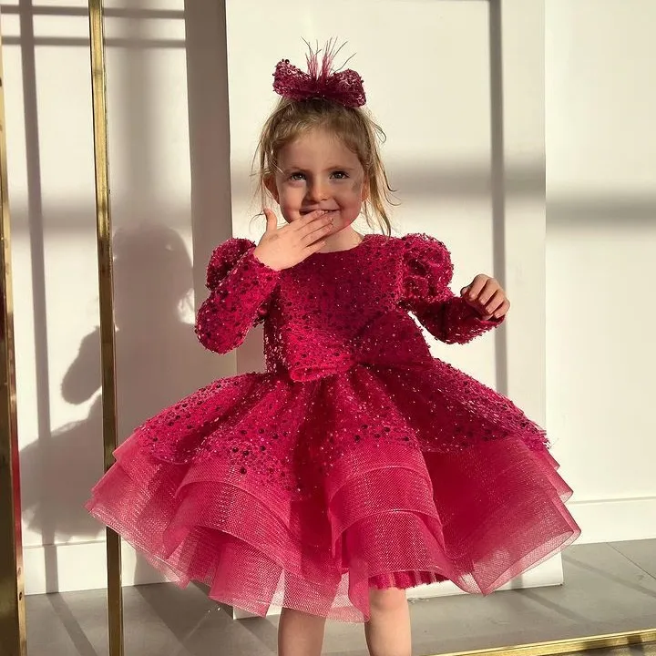 amazon ladies red dresses Long Sleeve For Little Girls Sequined Toddler Flower Girl Dress With From Party wear