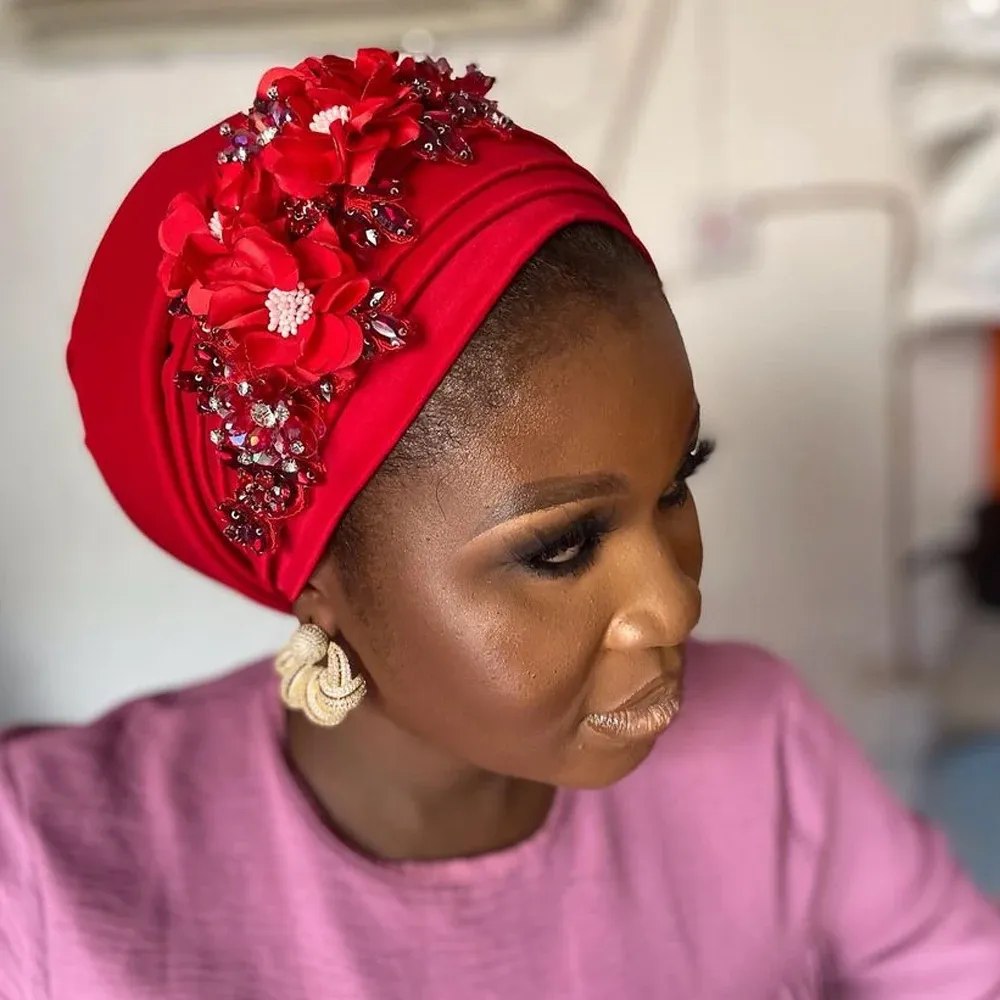Elegant Red Headwrap with Floral Detail elegant floral print turban hat soft polyester - Temu main image 2
