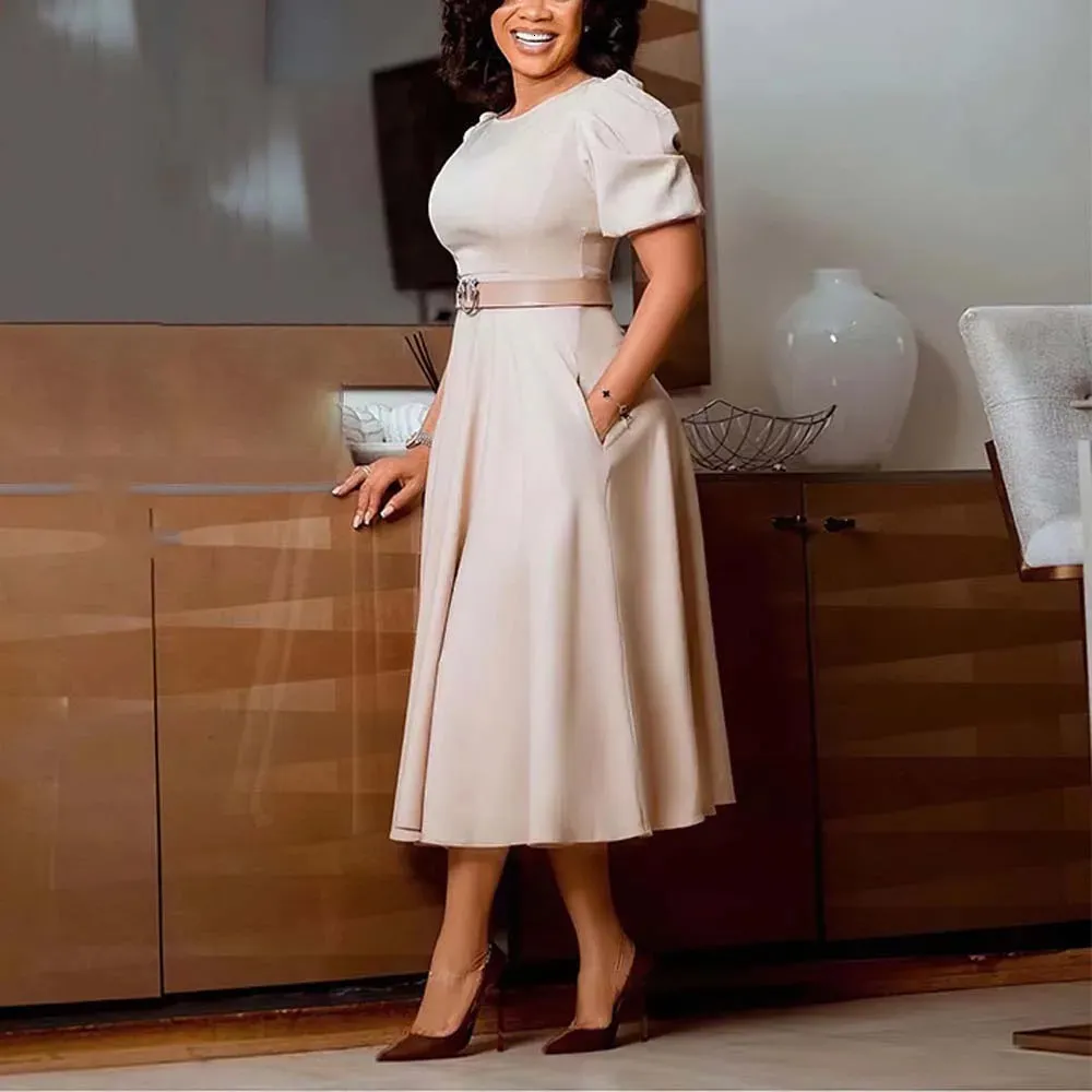 Womens Formal Midi Dress Elegant Short Sleeve Belted Business