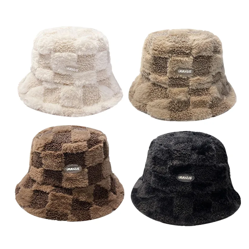 Womens Plaid Faux Rabbit Fur Bucket Hat - Warm Plush Fisherman Cap