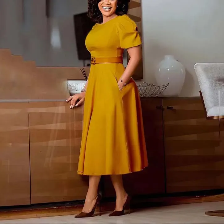 Product Title: Elegant Yellow Knee-Length Dress with Belt - Professional Office StyleProduct Description: The Product in The Image Is A Yellow Knee- Womens Formal Midi Dress Elegant Short Sleeve Belted Business Office Dress  | A Line Work Dress From Kong04, $20.85 In Bulk | DHgate.Com