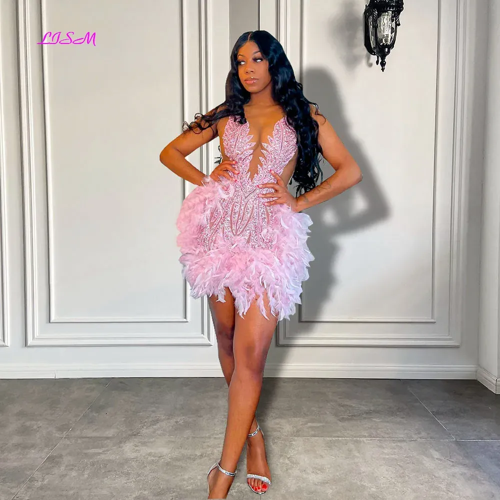 Short feather prom dress best sale