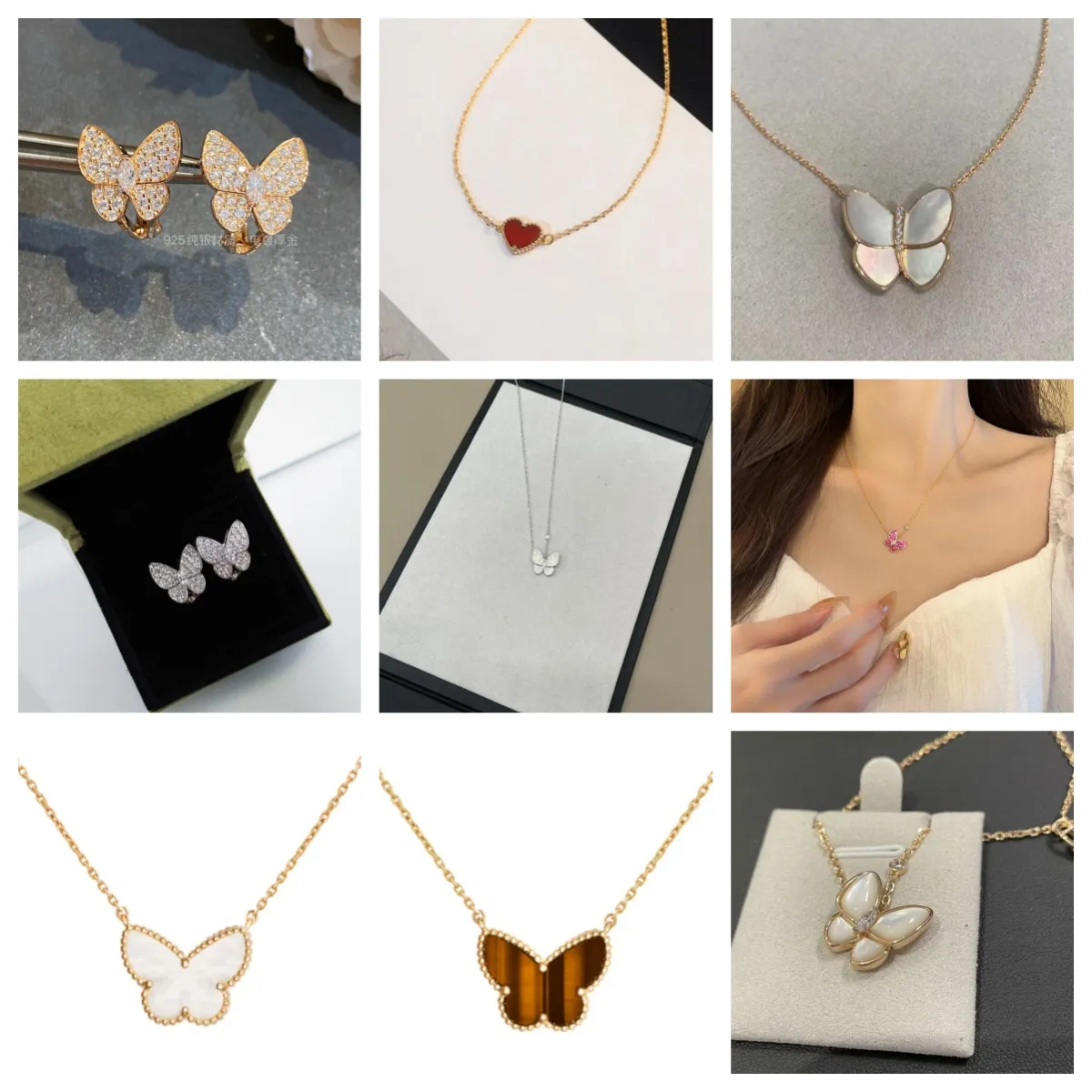 Ny modedesigner 18K Butterfly Stud örhängen halsbandsuppsättning för kvinnor hög upplaga halsband kvinnlig vit fritillaria full diamant pläterad