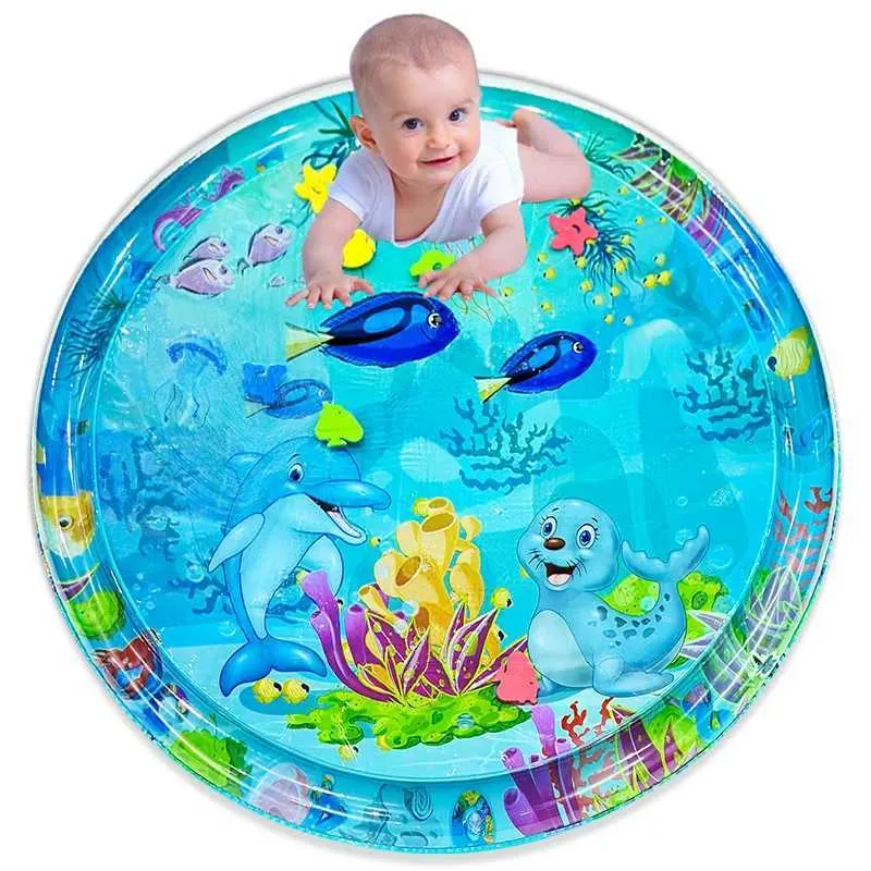 Baby Water Play Mat 100cm Round PVC Inflatable Cushion Playmat with Dolphin Seal Pattern