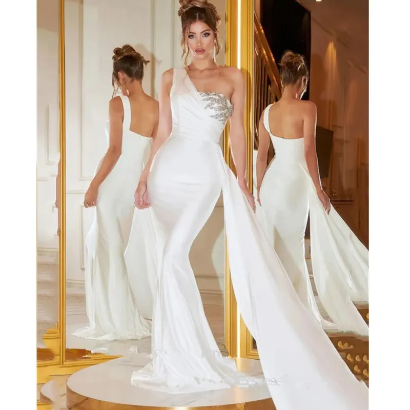 Appliques Beading One Shoulder Silver Satin Prom Dress Appliques Beading One Shoulder Silver Satin Prom Dress