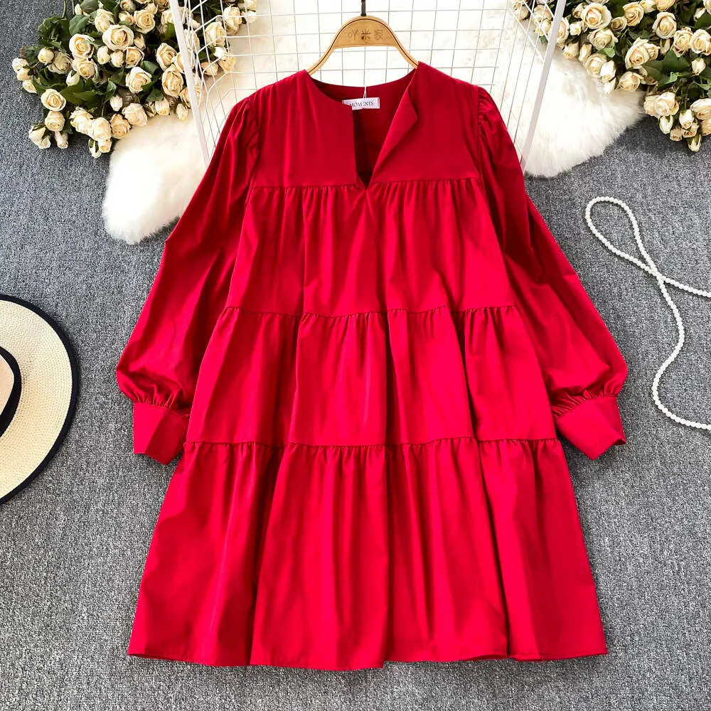 Vrtige Women's Collar V-Neck Long Sleeve Tiered Ruffle Hem Swing Mini Dress - Solid Red - View #5