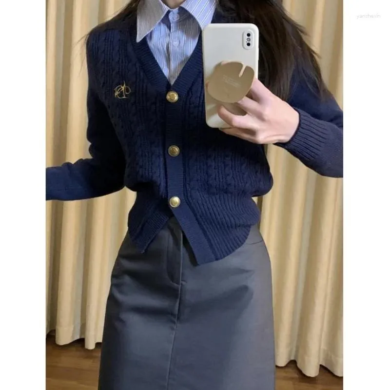 Korean Style Women's 3-Piece Sweater Cardigan, Blue Striped Shirt, Gray  Skirt Set
