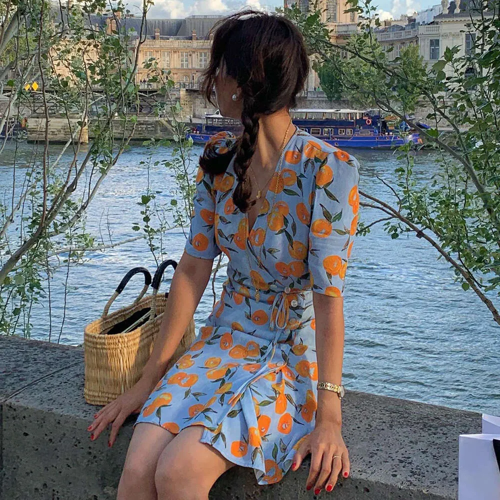 DongZhuo French Floral Bandage Dress Orange Print V Neck Short Sleeve Wrap Skirt Holiday Snow Spinning Tea Break Skirt Elegant Womens Fashion Wear for