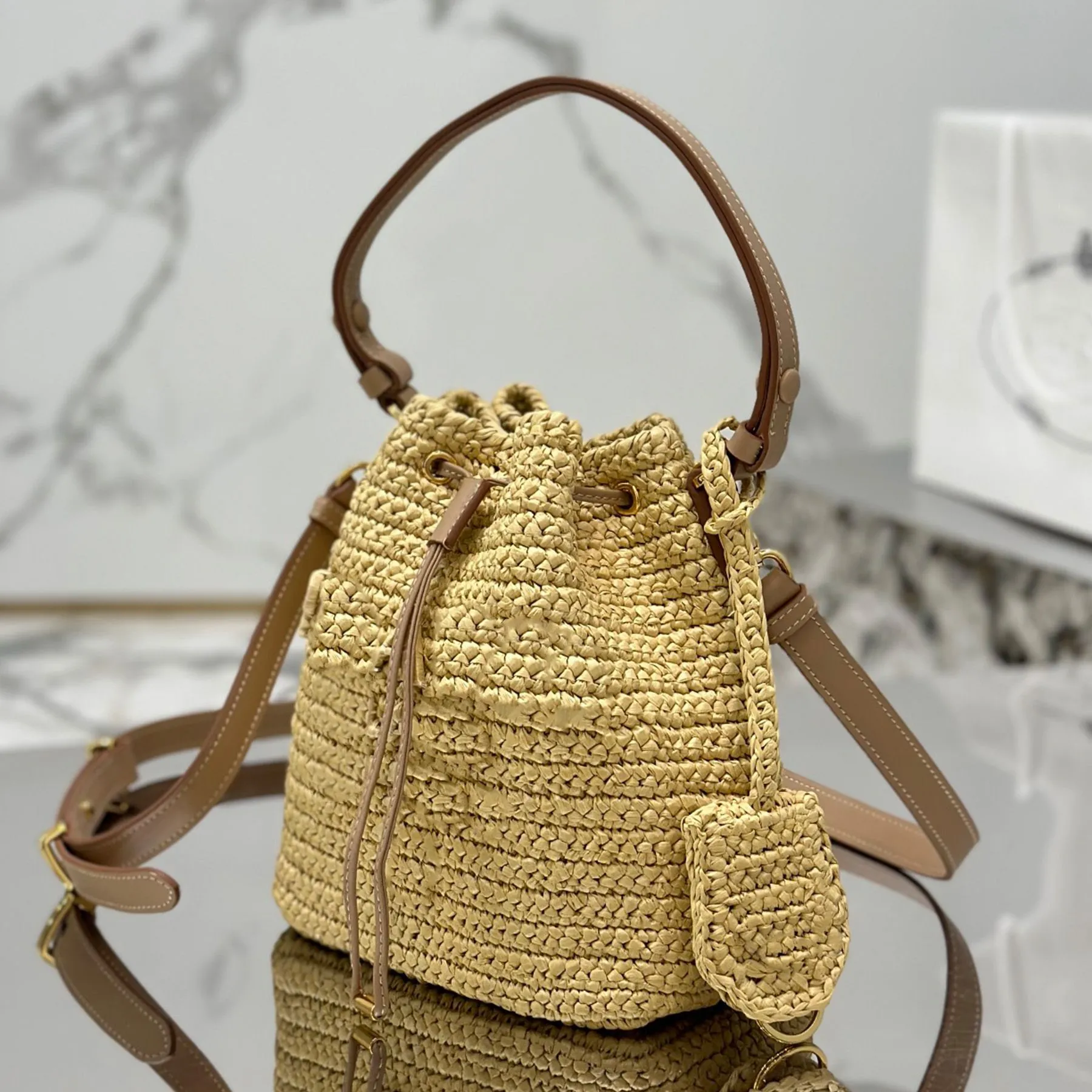 Summer Crochet Leather Mini Bucket Bag Straw Weave Adjustable Handle Key Ring Tote Purse