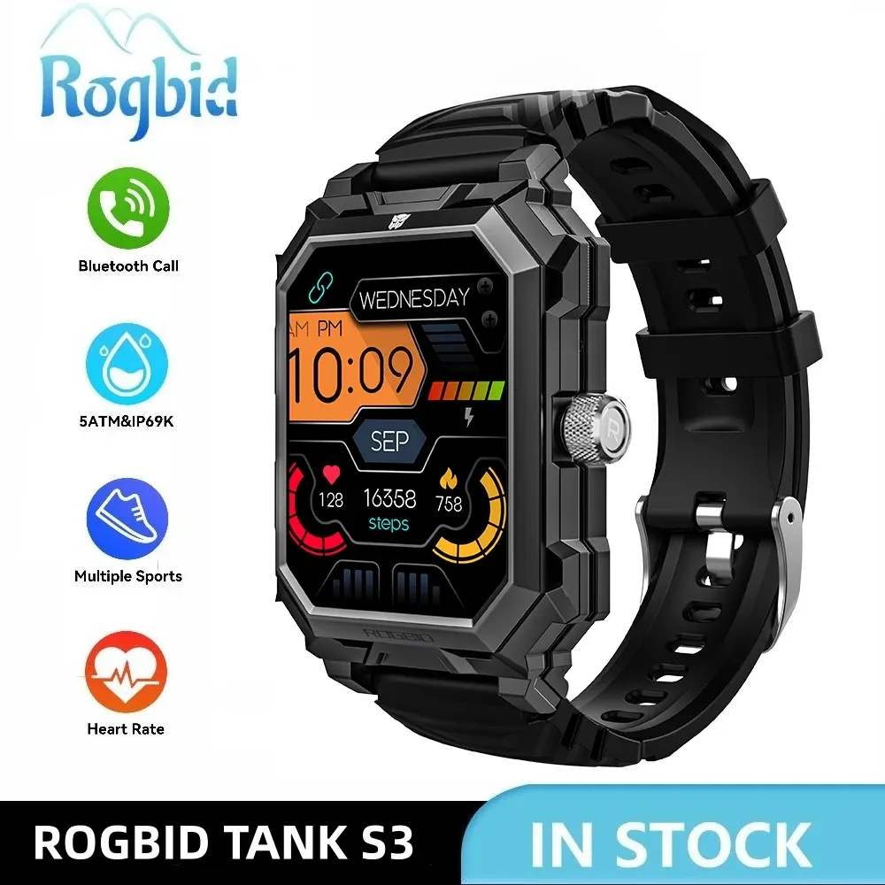 DHgate Rogbid Tank S3 Military Smartwatch for Men Rugged 10ATM Waterproof Fitness Tracker Heart Rate Monitor Bluetooth Calls Outdoor Sports Smartwatch for Women Black Cell Phones Accessories