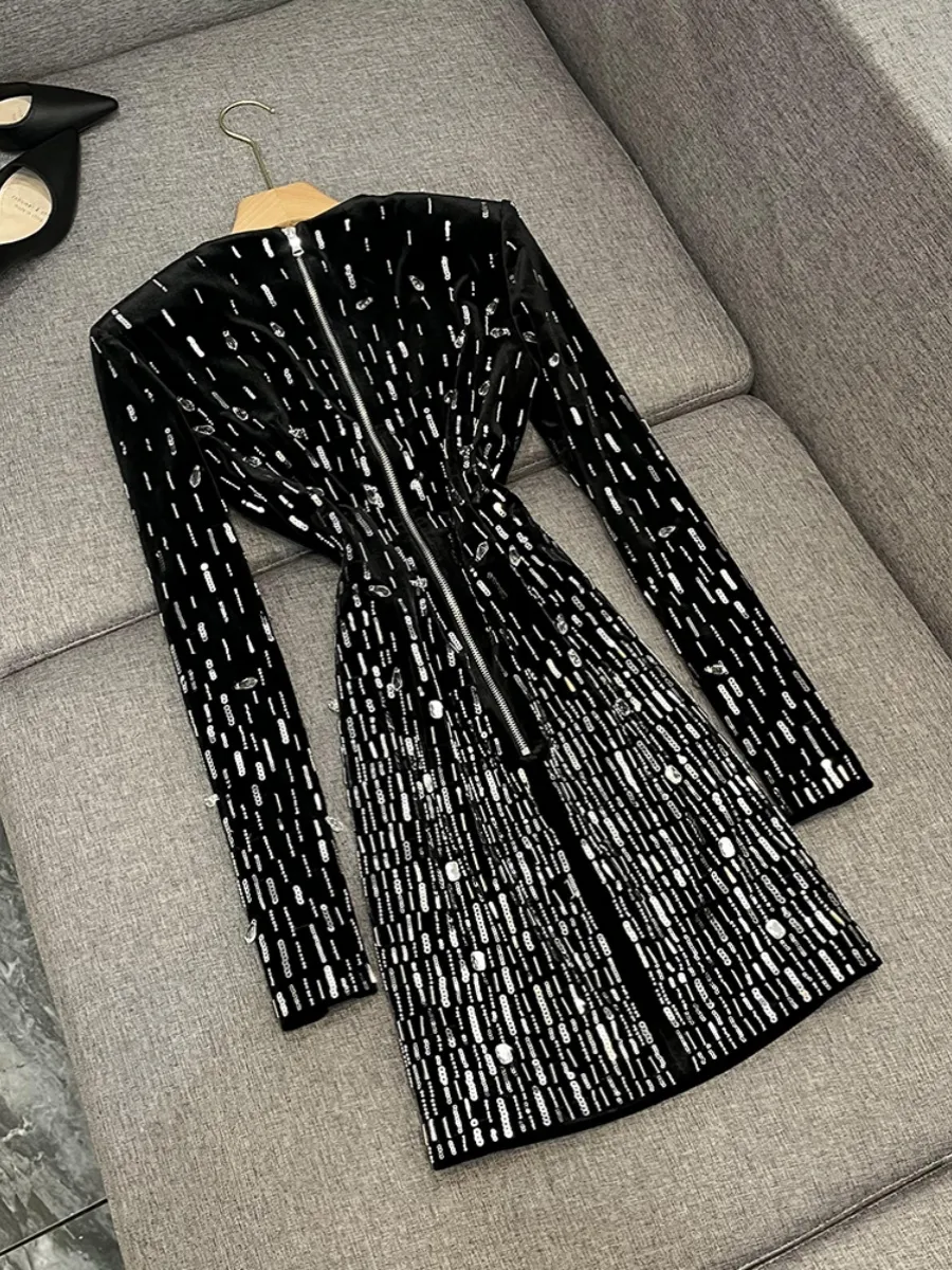 Black Beaded Rhinestone Sequins Velour Dress Long Sleeve Round Neck Short Casual  Dress from Dhgate Basic & Casual Dresses - price 112.2